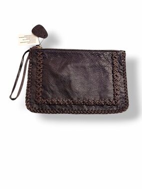 Bohemian leather clutch wristlet, chocolate  brown, hand made, zip top, NWT